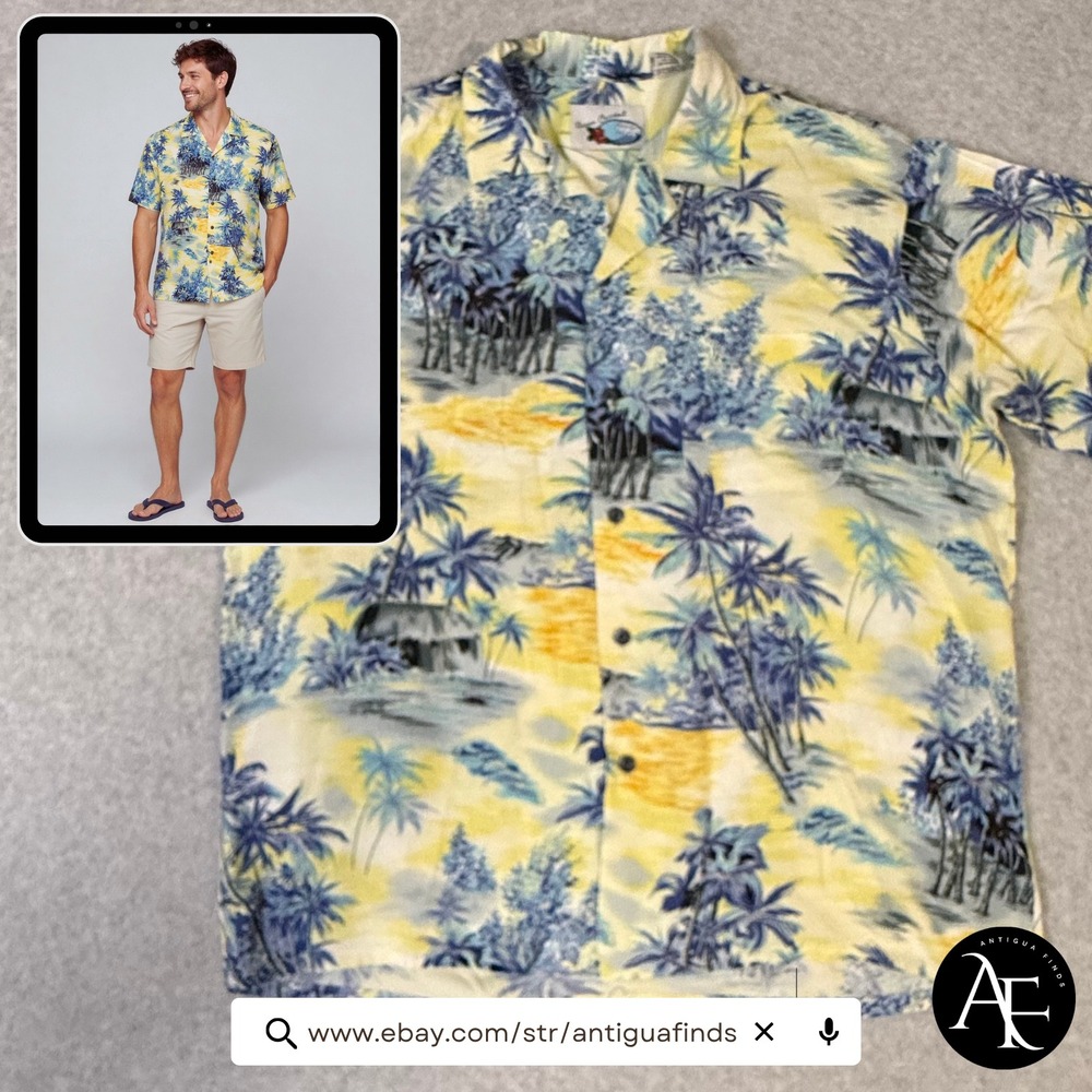 Ocean Current Mens Rayon Hawaiian Shirt Blue Yellow Palm Tree Tropical Medium